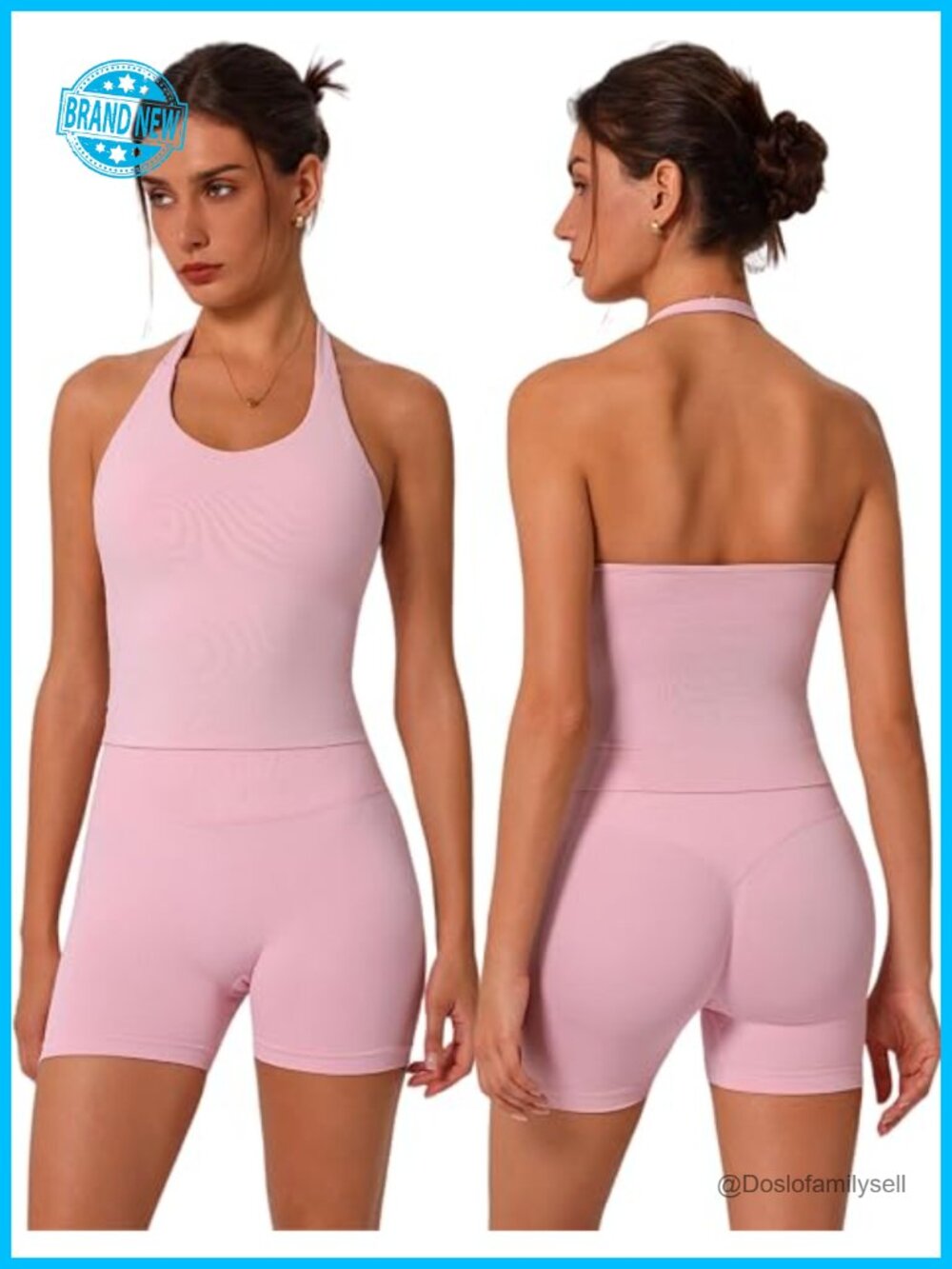 2 Piece Seamless Workout Set Halter Sports Bra Scrunch Butt Shorts Gym Yoga